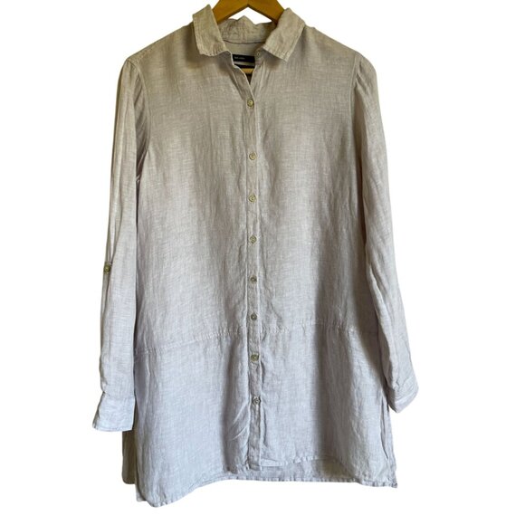 Tahari Size Small Tan 100% Linen Collared Button Up Shirt Long Sleeve Beachy Bre - Picture 1 of 9
